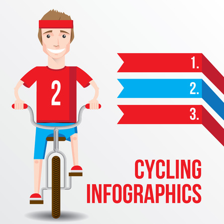Bicycle infographics concept with fron view of smiling cartoon man riding on a bike. Vector illustration.のイラスト素材