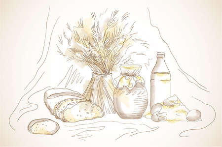 Hand drawn still life with sheaf of wheat milk in a bottle and in a pitcher, cookies and bread. Doodle concept for advertising campaign dairy and flour products. You can move each object individually.のイラスト素材