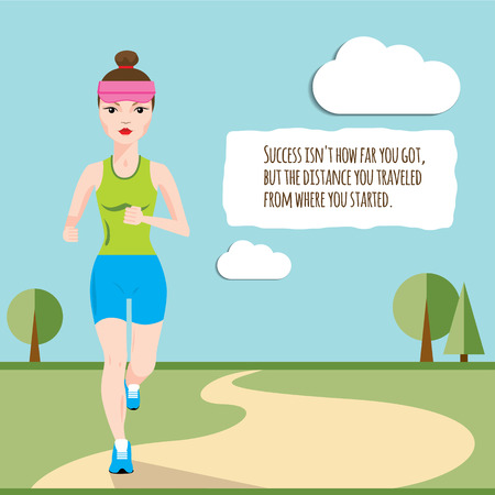 Woman running across the field in the morning. Vector flat infographicのイラスト素材