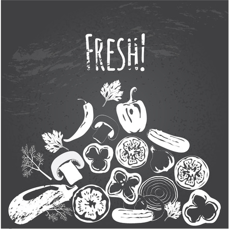 Collection of hand drawn vegetables on chalkboard, high detailed, vector illustration, sketch, engraved style, menu design.のイラスト素材