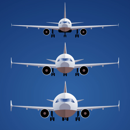 Set of airplanes on isolated on blue background. Front view. different scales. One of type of passenger transportation.のイラスト素材