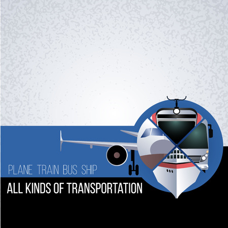 Original collage with different types of transport. The concept for banner, flyer, advertising travel agencies. The plane, bus, train and ship in a circle. Front view.のイラスト素材