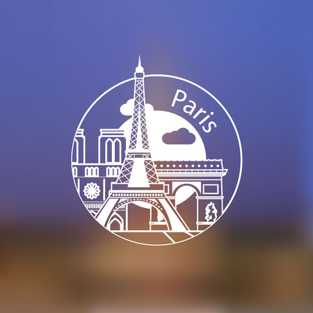 Minimalist round icon of Paris, France. Flat one line style. Linear Web logo on blurred background.のイラスト素材