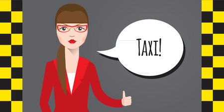 Vector modern flat design illustration of businesswoman wearing red suit calling taxicab.  Concept of web or app designのイラスト素材