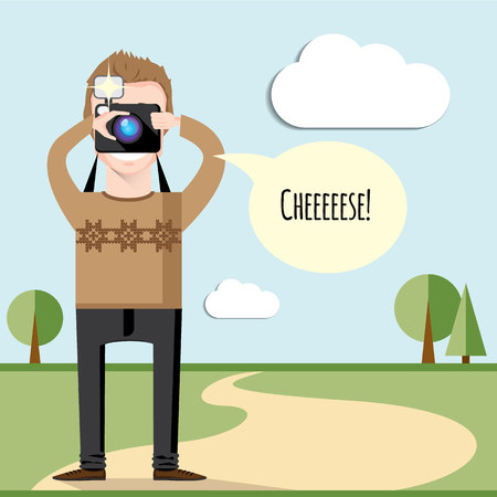 Vector creative character design of young happy wearing knitted sweater photographer taking photos of natureのイラスト素材
