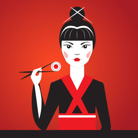 Close-up vector portrait of Oriantal femme fatale in a black kimono with a traditional Japanese makeup eating sushi.のイラスト素材