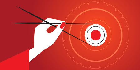 Hand holding sushi with Chopsticks. Traditional Japanese cuisine. Modern style flat design. Stylized logo in the form of roll on background. Conceptual design idea for the restaurant menu.のイラスト素材