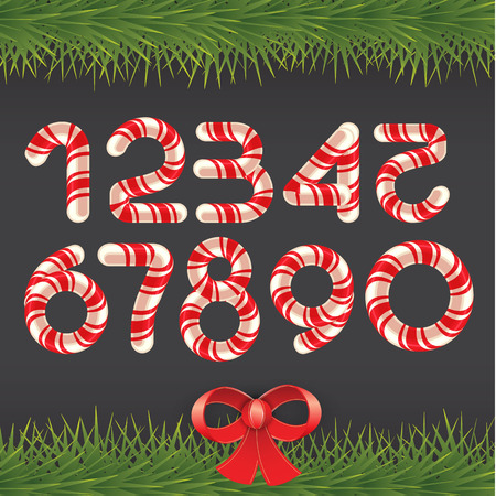 Candy cane in the form of digits Decorative Christmas elements on wooden background. with fir branches. Vector illustration.のイラスト素材