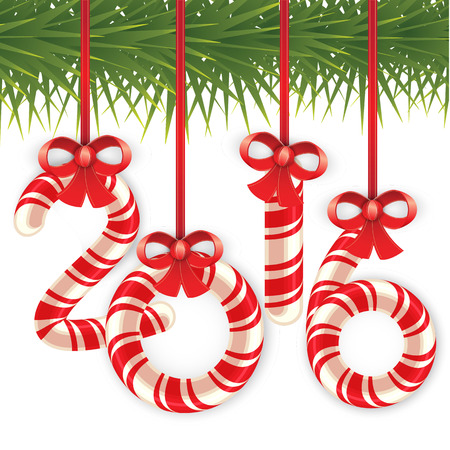 Candy cane in the form of numbers. 2016 hang on the Christmas tree on the gold and red ribbon with a bow. Decorative vector frame.のイラスト素材