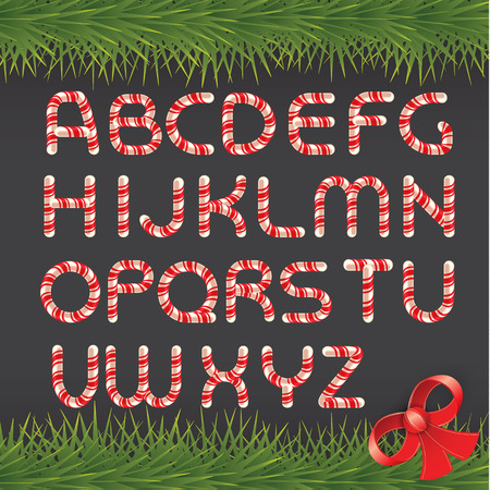 Candy cane in the form of letters. Decorative Christmas alphabet on wooden background. with fir branches. Vector illustration.のイラスト素材