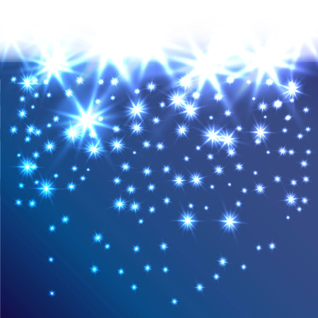 Glow snowflakes or stars fall down. Decorative background for holiday invitations, cards or web banner. A smooth transition from white. It can be used as a border. Modern vector concept. Let it snow.のイラスト素材