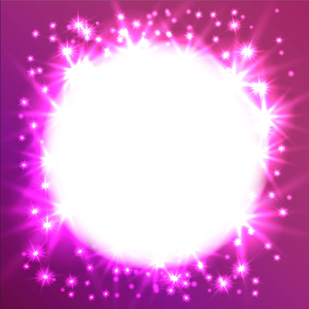 Glowing Star round frame. Design of a celebratory banner or postcard. It can be used as an effect in the photo. Starry sky in a circle on a pink background. Vector high quality.のイラスト素材