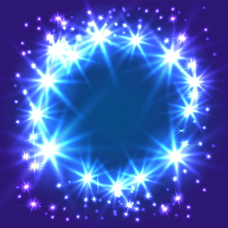 Glowing Star round frame. Design of a celebratory banner or postcard. It can be used as an effect in the photo. Starry sky in a circle on a blue background. Milky way. Vector high quality.のイラスト素材