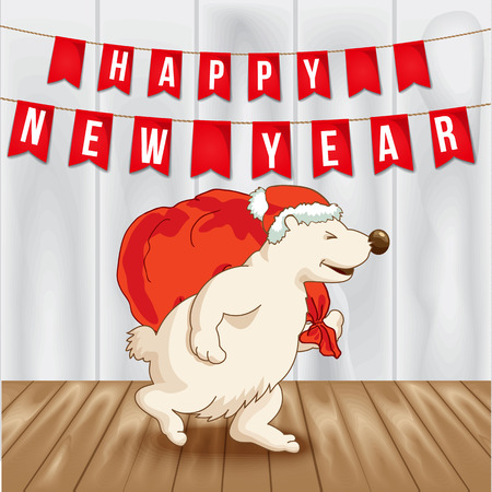 Polar bear wearing santa hat deliver Christmas gifts. Concept for greeting card. Vector illustration.のイラスト素材