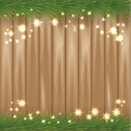 Christmas design - Merry Christmas and Happy New Year. Xmas greeting with christmas tree, star-shaped golden confetti and christmas star-lights on wooden background. Vector illustration, eps10.のイラスト素材