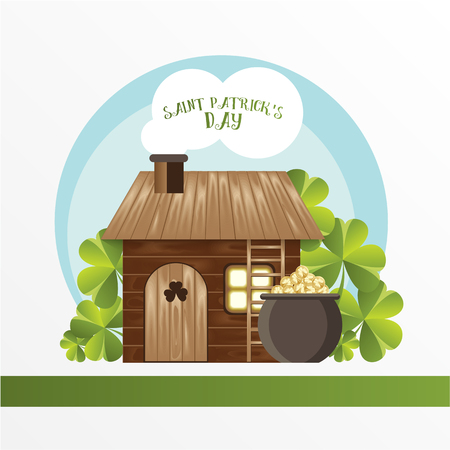 Card for St. Patrick Day. Leprechaun house and the Pot with golden coins.のイラスト素材