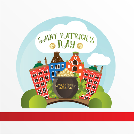 Card for St. Patrick Day. Pot with golden coins standing on the bridge in Dublin. Cartoon funny style. Vector illustration.のイラスト素材