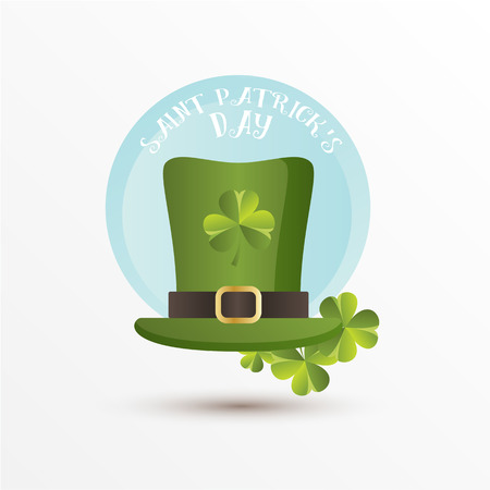 Card for St. Patrick Day. Leprechaun hat and the shamrock leaves. Cartoon funny style. Web icon.のイラスト素材