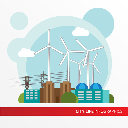 Wind power station. Colorful illustration in a flat style. City infographics set. All types of power stations. System with transmission tower, wind turbines  and generatorのイラスト素材