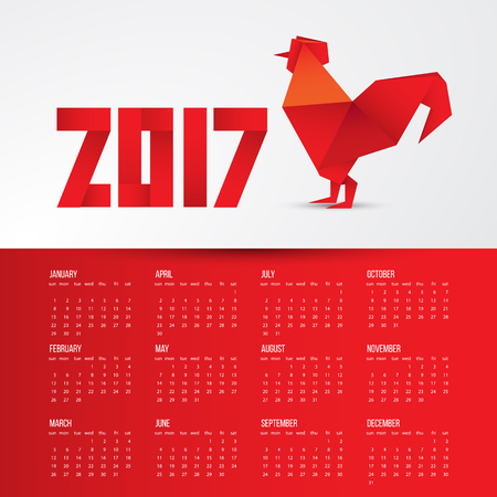 Red Rooster. Chinese symbol of the year made from paper in origami style. Modern minimalist business style.. Calendar grid for 2017 on red background.のイラスト素材