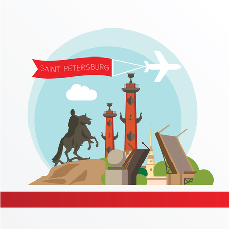 St. Petersburg detailed silhouette. Trendy vector illustration, flat style. Stylish colorful  landmarks.  Bronze Horseman, Peter and Paul Fortress, Rostral column the symbol of Saint Petersburg, Russiaのイラスト素材