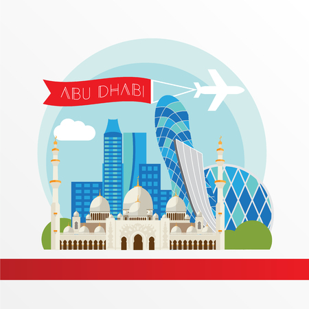 Abu Dabhi detailed silhouette. Trendy vector illustration, flat style. Stylish colorful landmarks. The concept for a web banner. Sheikh Zayed Mosque - The symbol of United Arab Emiratesのイラスト素材
