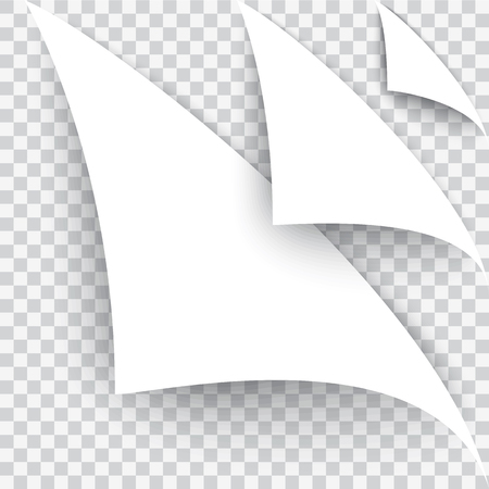 The bent page corner. The white sheet on a transparent background. Realistic vector. A set of three kinds. Flip the page concept.のイラスト素材