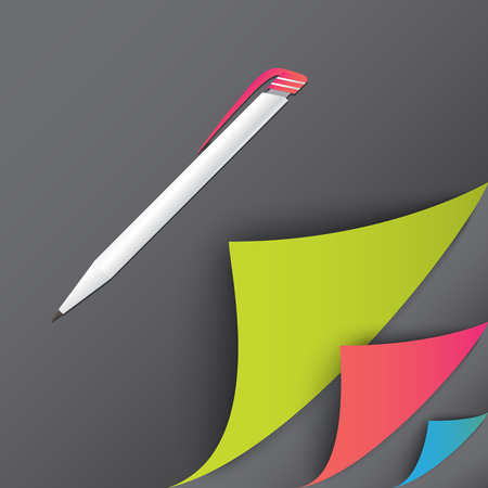 Colorful set of page with round corners. Realistic vector. Flip the page concept. Green pink and blue. Black back of paper. Pen as bonus.のイラスト素材