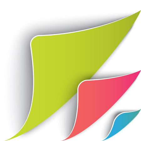 Colorful set of page with round corners. Realistic vector. Flip the page concept. Green pink and blueのイラスト素材