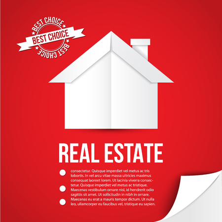 White paper house on red background. Concept for corporate identity or web banner. Minimalist style. Flip the page as bonus element.のイラスト素材