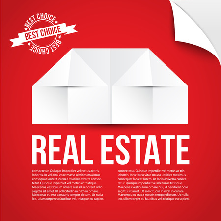 White paper house on red background. Concept for corporate identity or web banner. Minimalist style. Flip the page as bonus element.のイラスト素材