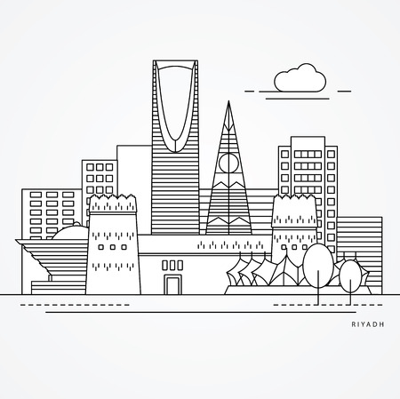 Linear illustration of Riyadh, Saudi Arabia. Flat one line style. Trendy vector illustration, Greatest landmark - Masmak Fortress and Kingdom towerのイラスト素材