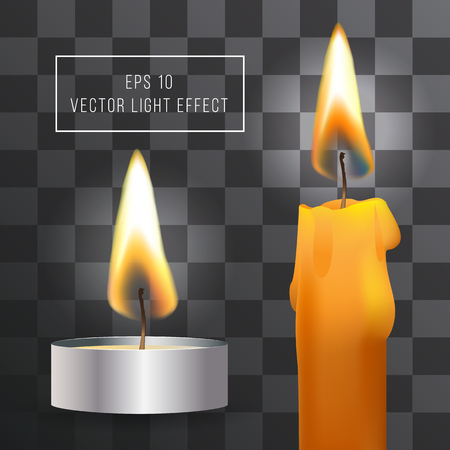 Vector realistic flame. Candle set on transparent background. Tea and wax candles. Light effectのイラスト素材