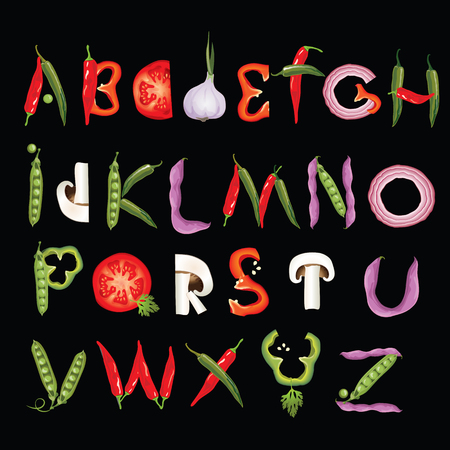 Food alphabet made of vegetables. Vector illustrationのイラスト素材
