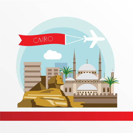 Cairo detailed silhouette. Trendy stylish colorful landmarks. The concept for a web banner. Citadel, Sphinx, pyramids The symbols of Egypt.のイラスト素材