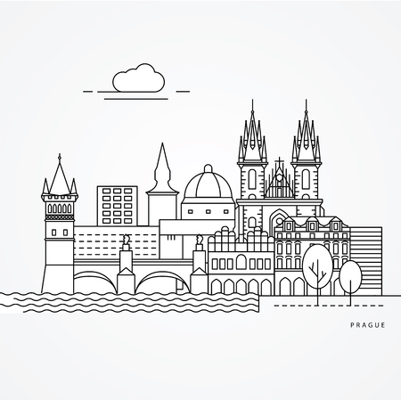 Linear illustration of Prague, Czech Republic. Flat one line style. Trendy vector illustration. Architecture line cityscape with famous landmarks, city sights, design icons. Editable strokes.のイラスト素材