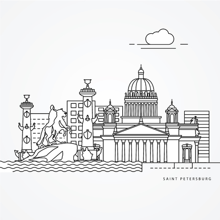 Linear illustration of Saint Petersburg, Russia. Flat one line style. Trendy vector illustration. Architecture line cityscape with famous landmarks, city sights, design icons. Editable strokes.のイラスト素材