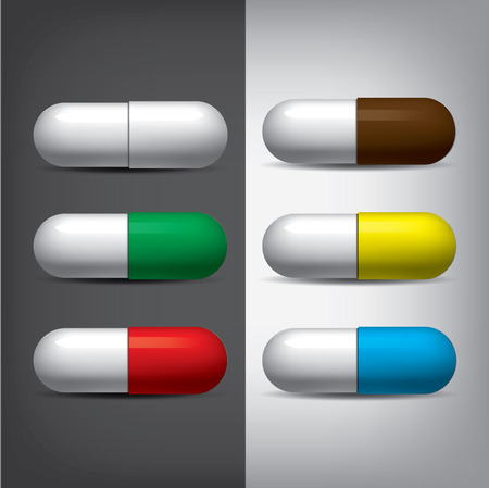 Medical pills set. Realistic mesh vector. Colorfull mock-upのイラスト素材