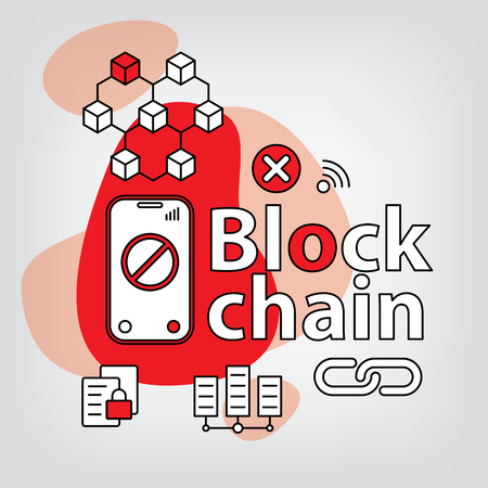 Block chain vector with smartphone icon on red and  grey backgroundのイラスト素材