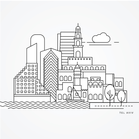 Linear illustration of Tel Aviv, Israel. Flat one line style. Trendy vector illustration. Architecture line cityscape with famous landmarks, city sights, design icons. Editable strokesのイラスト素材