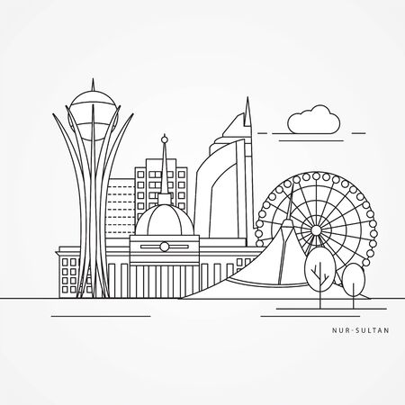 Nur-Sultan detailed silhouette. Trendy vector illustration, flat style. Stylish colorful landmarks. Bayterek tower the symbol of Astana, Kazakhstanのイラスト素材