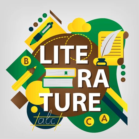 Literature. Back to school concept. Set of School supplies. Linear style web bannerのイラスト素材