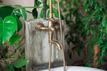 beautiful copper faucet in the bathroom on the background of green plantsの写真素材