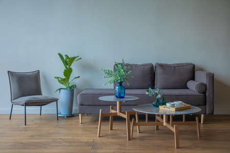 gray sofa with pillows, armchair, table and vase of flowersの写真素材