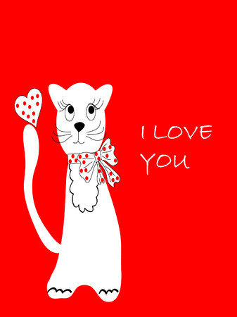 The Postcard blanching pussy cat. The Cat on red background.のイラスト素材