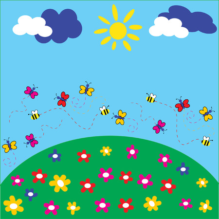 The Merry background lawn. The Butterflies and flowerses.のイラスト素材