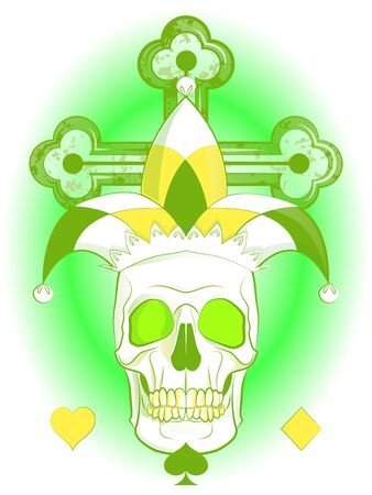 composition with a skull in a clown's hat on the background of a cross, a card Jokerのイラスト素材