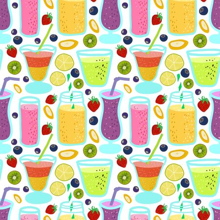 bright seamless pattern with cocktails and juicy fruit in a cartoon style. Decor for fabric, Wallpaper and wrapping paper.のイラスト素材