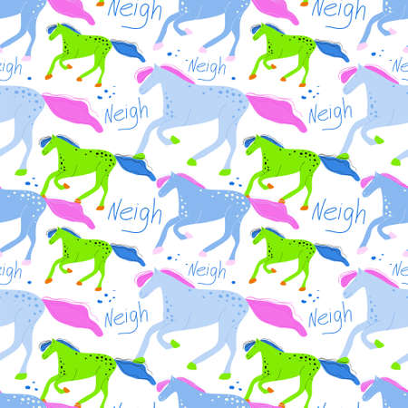 seamless pattern with the image of a galloping horse. Drawn by hand in a cartoon style. Decor for textiles and Wallpaper.のイラスト素材