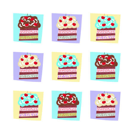 bright and colorful illustration of a cartoon cake with cream and chocolate. drawing in cartoon...
